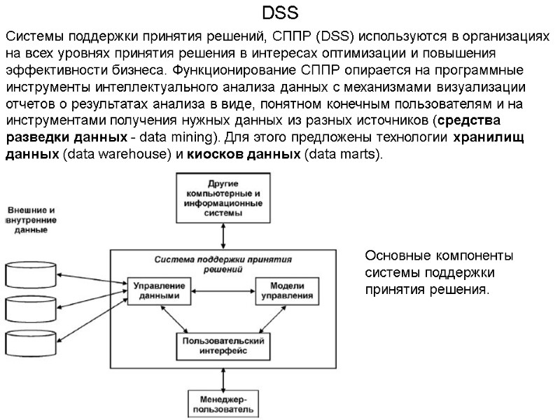 DSS Системы поддержки принятия решений, СППР (DSS) используются в организациях на всех уровнях принятия